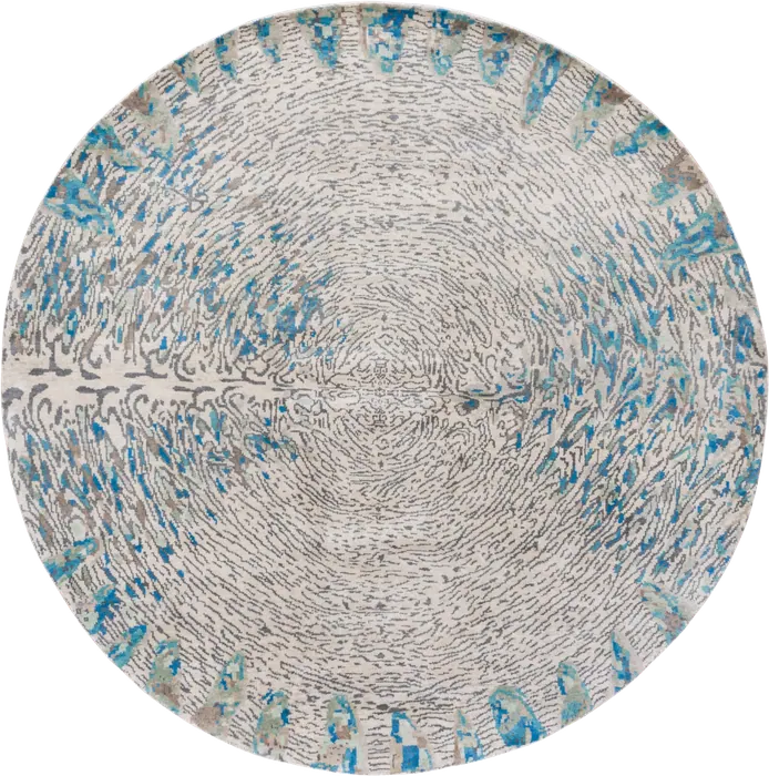No. 69141 circular cream rug with grey ripple lines and turquoise-blue edge accents
