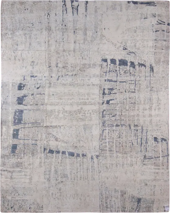 No. 76615 cream and slate-blue distressed grid rug with drip streaks