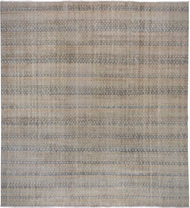 No. 8006 banded beige and dusty-blue rug with small geometric rows
